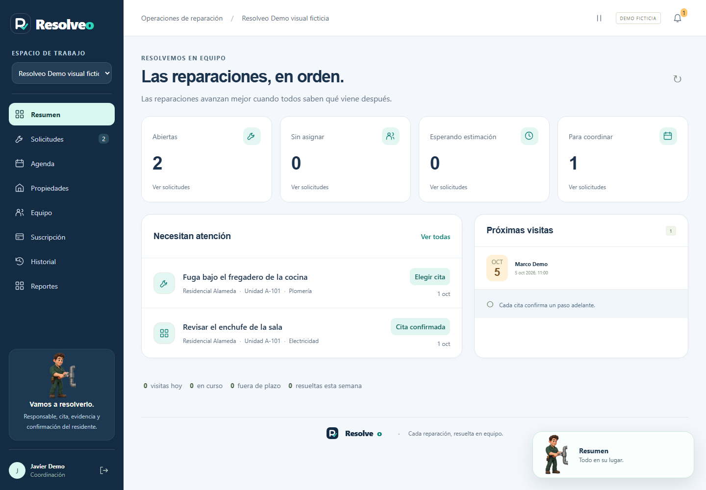 Resolveo repair dashboard with fictional reports, assignments and upcoming visits